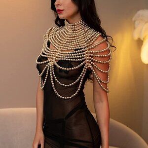 𝅺QUEEN Gold Pearl Body Chain Sexy Bra Fashion Shoulder Necklaces Harness Jewelry